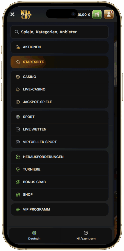 Menü der mobilen App von Wildsino Casino