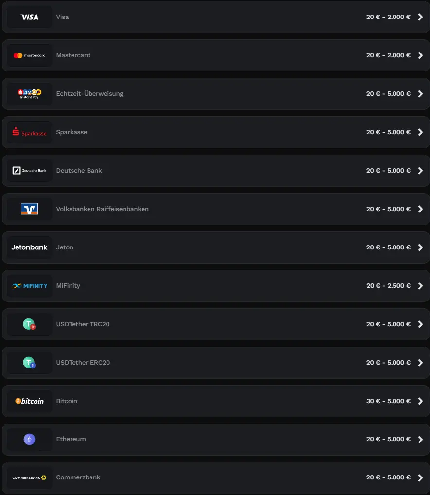 Zahlungsmethoden bei Wildsino